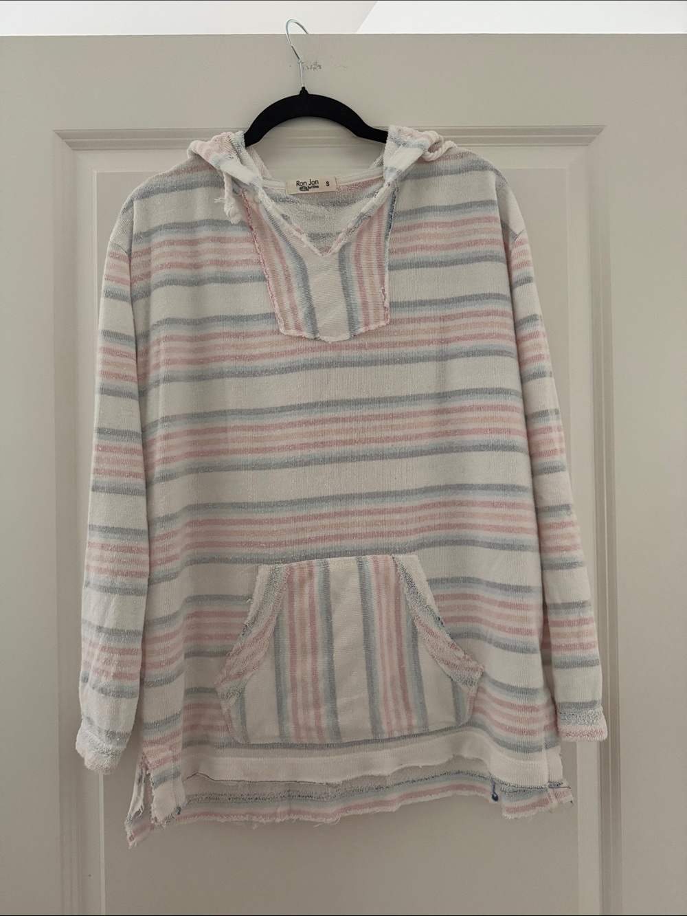 Ron Jon Relaxed Striped Hooded Pullover Sweater - Pastel Pink & Blue